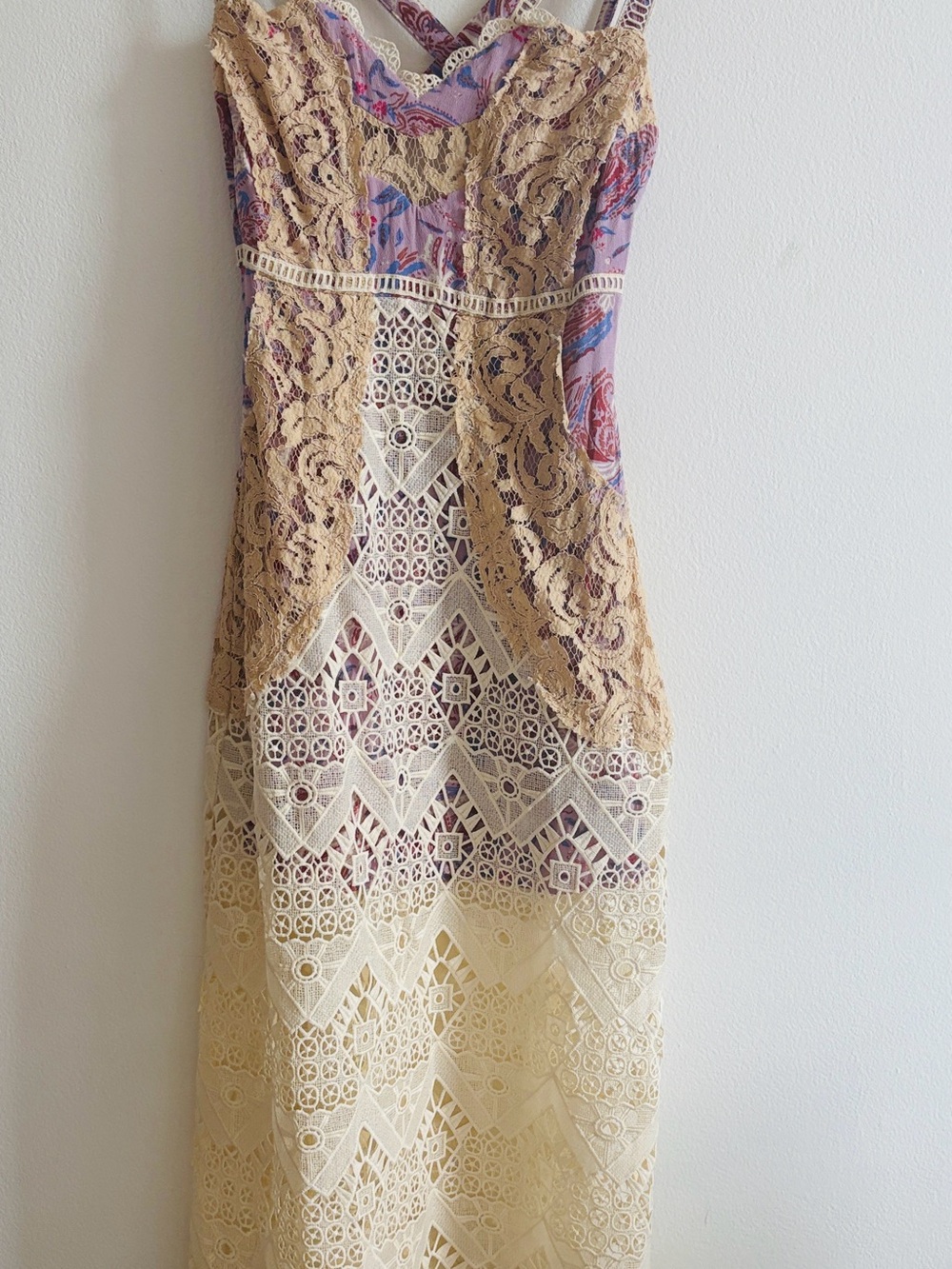 Lace Overlay Maxi Dress in Cream and Tan size 2